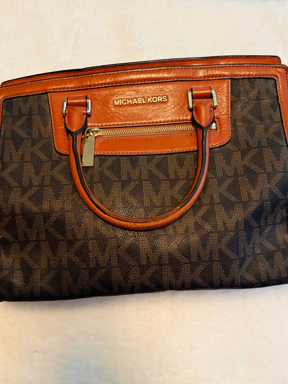 Michael Kors Brown and Tan Signature Logo Satchel with Leather Trim